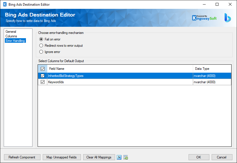 SSIS Bing Ads Destination - Error Handling